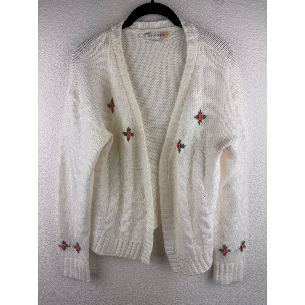 Hazel Moon Embroidered Cable Knit Cardigan Sweater Womens L Vintage Cottagecore